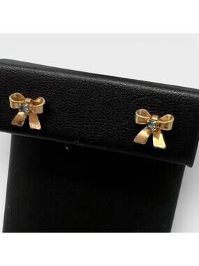 Gold Tone Bow Stud Earrings White Rhinestone Center Vintage Style